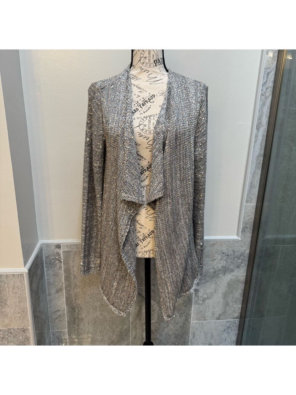 White House Black Market Silver Shimmer Gold Sequin Open Front Cardigan Size L